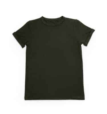 A dark green fidget-T T-shirt, laid flat showing the entirety of the clothing, including the hidden popits at either side of the bottom hem