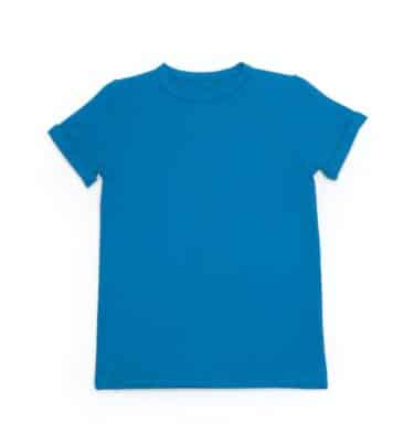 A light blue fidget-T T-shirt, laid flat showing the entirety of the clothing, including the hidden popits at either side of the bottom hem