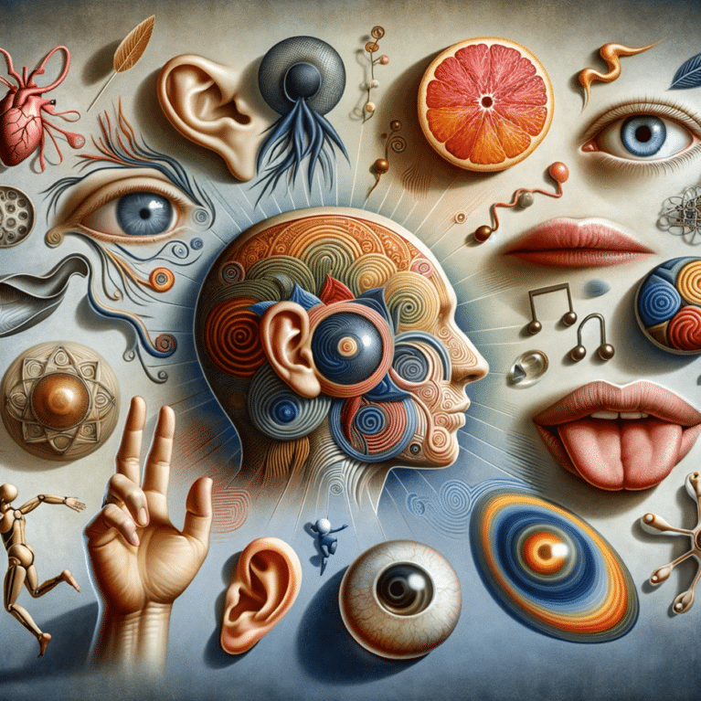 A collage of human head shown with images that represent all the different senses and the input received on a daily basis that causes sensory overload or underwhelm