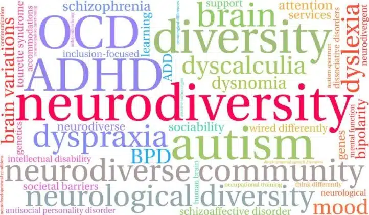 An image that shows various types of Neurodiversity, including Autism, ADHD and OCD