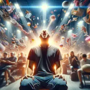 A graphic showing a man experiencing sensory overload. ht eman is knelt screaming with hundreds of stimulus visible above his head