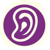 A purple coloured icon showing an ear representing the sense of hearing