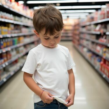 An autistic child wears a white sensory tshirt with built-in popits in a supermarket aisle